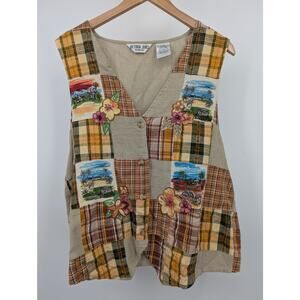 Vintage Burlap Safari Themed Victoria Jones 100% Cotton Plaid Vest Size 20Wa